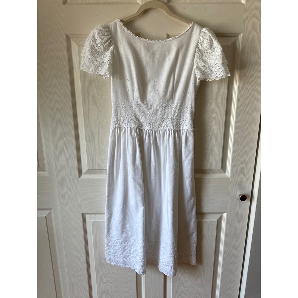 Vintage Petite Lanz White Eyelet Midi Dress Size 6 Puff‎ Sleeve Cottagecore LWD